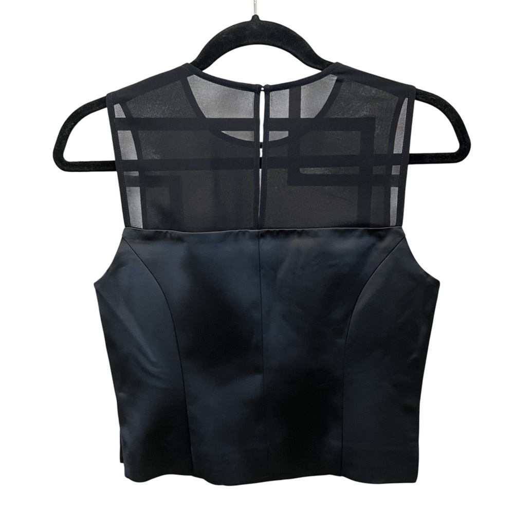 French Connection Illusion Mesh Satin Crop Top Sheer Yoke Fitted Black XXS NEW